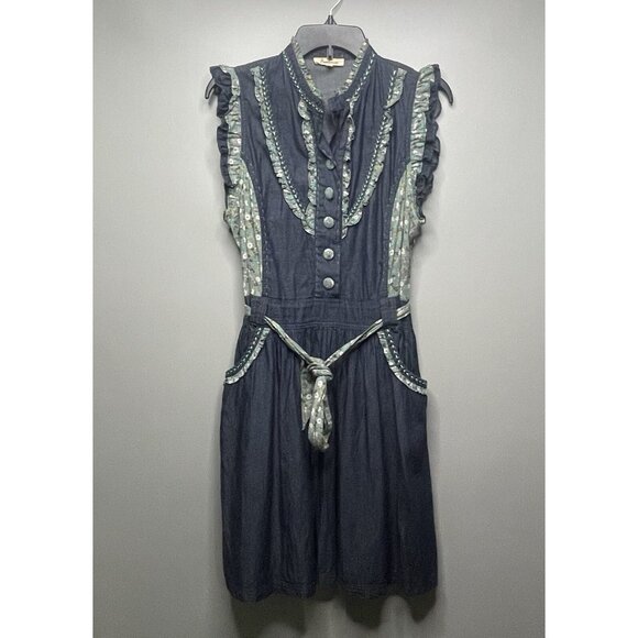 Freelance Chambray Peasant Floral Ruffle Dress Blue L - Picture 1 of 6